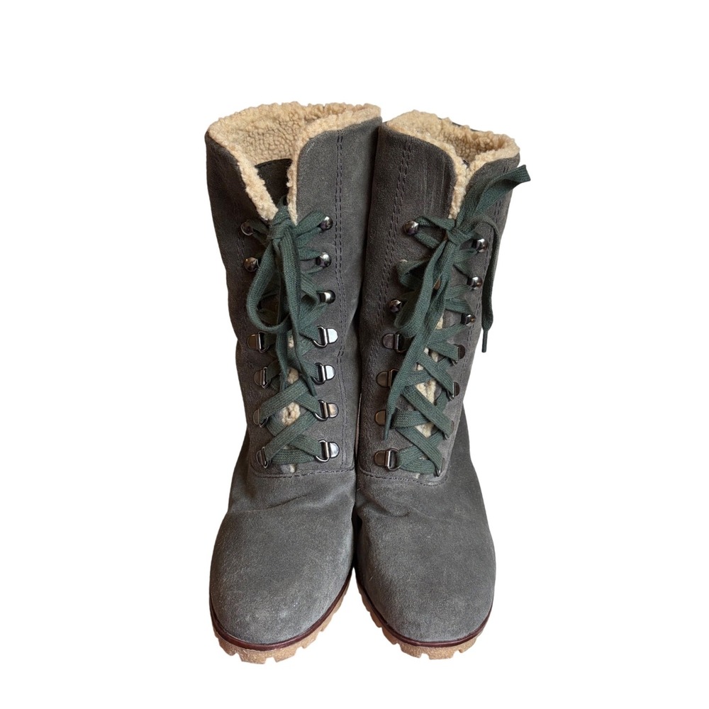 Kelsi Dagger Womens Grey Suede Faux Shearling Lace Up Wedge Boots Size 9.5